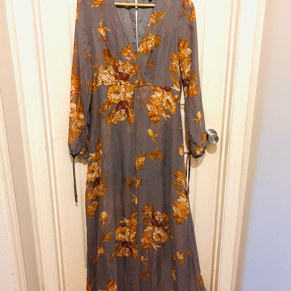 Lulu's Gray and Orange Floral Long Sleeve Dress